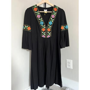 Vintage Caché Floral Embroidered Bell Sleeve Mini Dress, Black Boho Chic, Size M